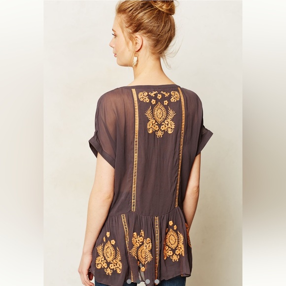 Vanessa Virginia for Anthropologie Antala Brown Orange Embroidered Peplum Top S - Picture 2 of 3